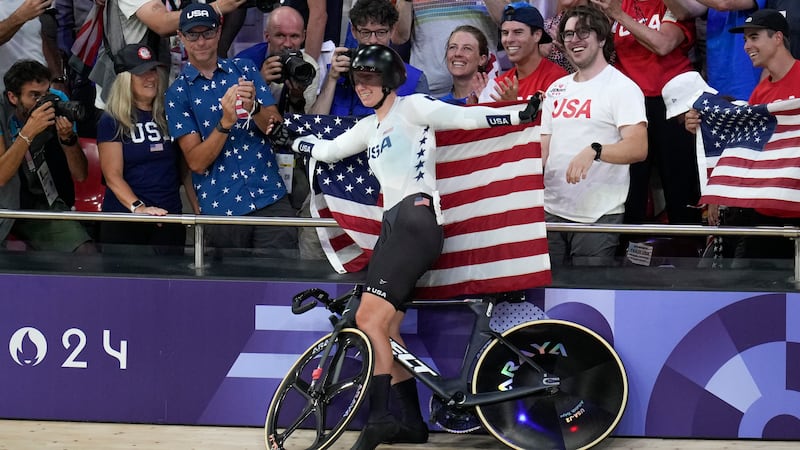 Jennifer Valente of the United States celebrates winning the gold medal of the women's omnium...