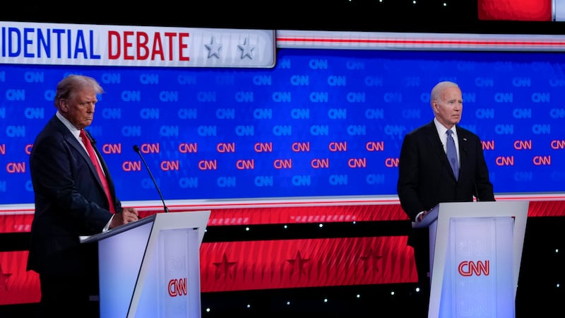 President Joe Biden, right, and Republican presidential candidate former President Donald...