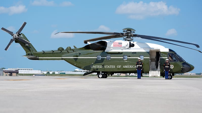 A new Marine One awaits President Joe Biden at Chicago O'Hare International Airport in...