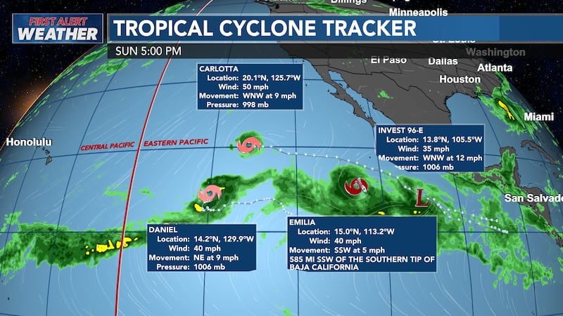 Forecasters are tracking tropical storms Carlotta, Daniel and Emilia in the Eastern Pacific.