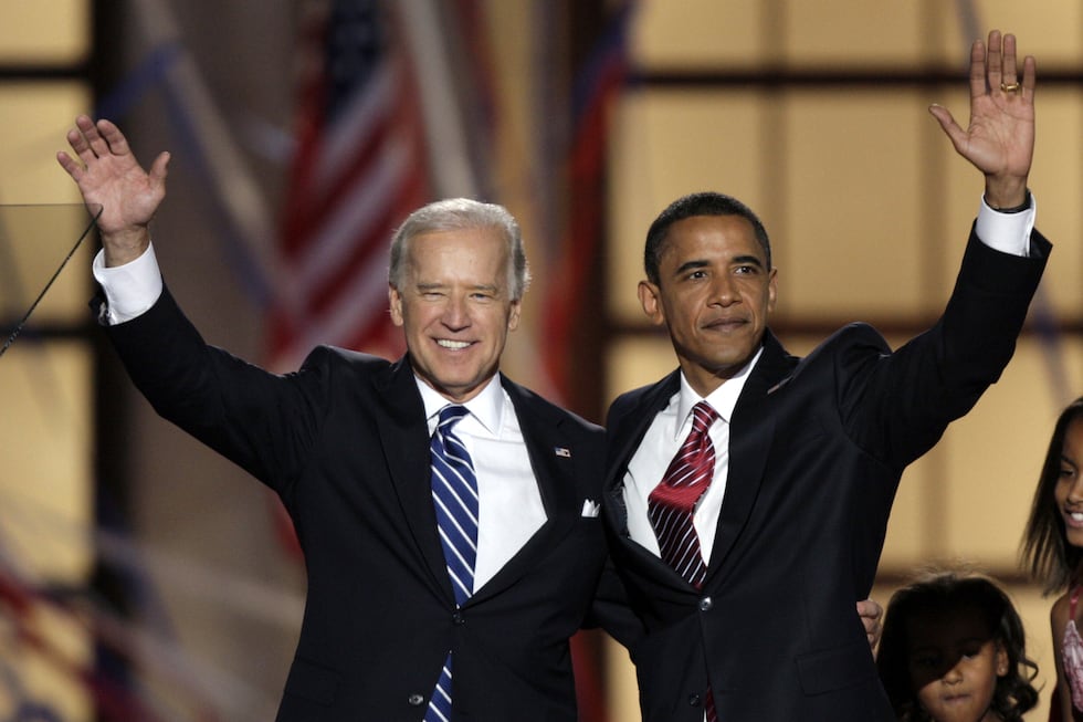 FILE - Democratic presidential nominee Sen. Barack Obama, D-Ill., left, and his running mate,...