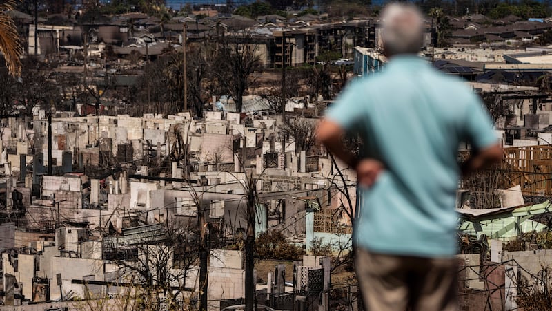 FILE - A man views the aftermath of a wildfire in Lahaina, Hawaii, Aug. 19, 2023.