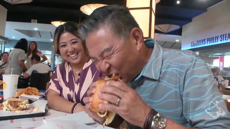 Guy and a special guest head to Pearl Ridge Mall to check out a very well-named chicken place.