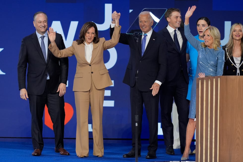 Democratic presidential nominee Vice President Kamala Harris and President Joe Biden on stage...